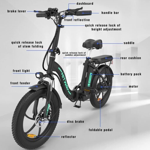 HITWAY Vélo Électrique 20" VTT Fat Bike Electrique Adulte Pliable-Batterie 36V/11.2Ah Moteur 250W-Max.Portée 35-90km-Shimano 7 Vitesses – Image 3
