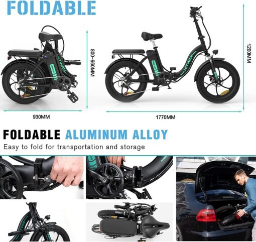 HITWAY Vélo Électrique 20" VTT Fat Bike Electrique Adulte Pliable-Batterie 36V/11.2Ah Moteur 250W-Max.Portée 35-90km-Shimano 7 Vitesses – Image 4